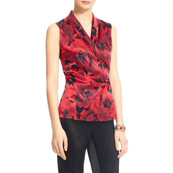St. John Silk Stretch Red Floral Satin Blouse - Picture 1 of 5